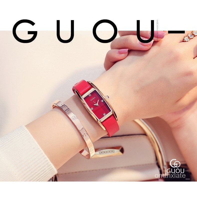 【Factory Outlet】GUOU Square Watch Ladies Waterproof Wristwatches Rhinestone Quartz Watches for Women Leather Strap R