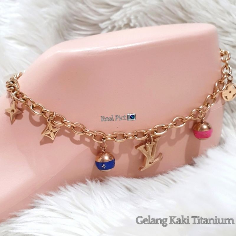 Gelang Kaki Titanium Asli Rosegold Motif £V Premium Quality Gelang laki rantai tebal Anti karat anti alergi Stainless steel ori  9927