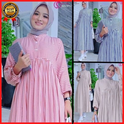 JAWANI MIDI DRESS - Dress Bahan Katun Salur/Baju wanita terbaru/gamis kekinian/Baju muslim wanita/dr