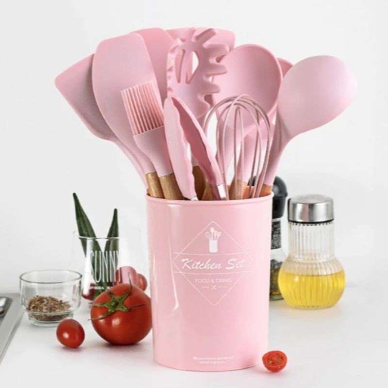 12pcs Spatula Set Alat Masak Dapur Sutil Pegangan Kayu Kitchen Utensil Silikon Non Stick