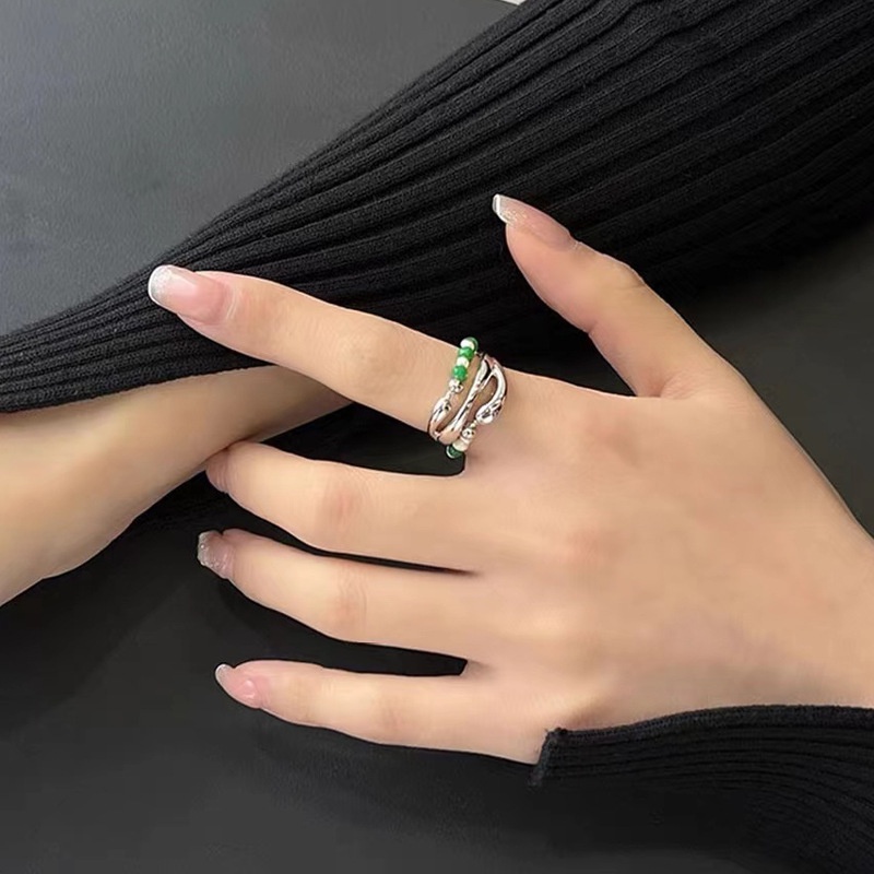 Cincin Model Terbuka Aksen Mutiara Warna Hijau Gaya Vintage