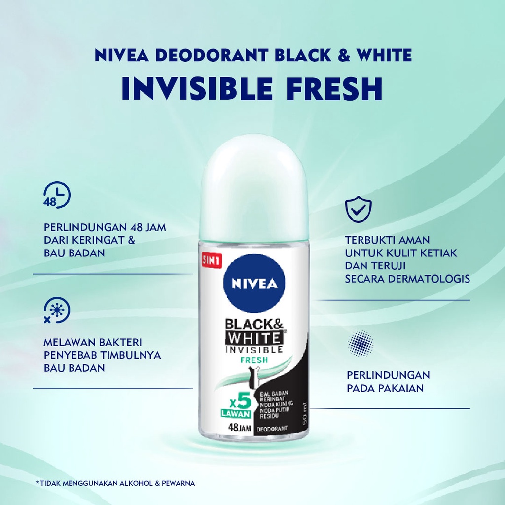 NIVEA Deodorant Roll On Black &amp; White Invisible Fresh 50ml - Cegah noda kuning, Segar sepanjang hari