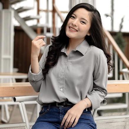Lagi Tren.. Kemeja Polos Kerja Kantor Atasan Wanita Lengan Panjang Karet Cewek Remaja Warna Putih Bl