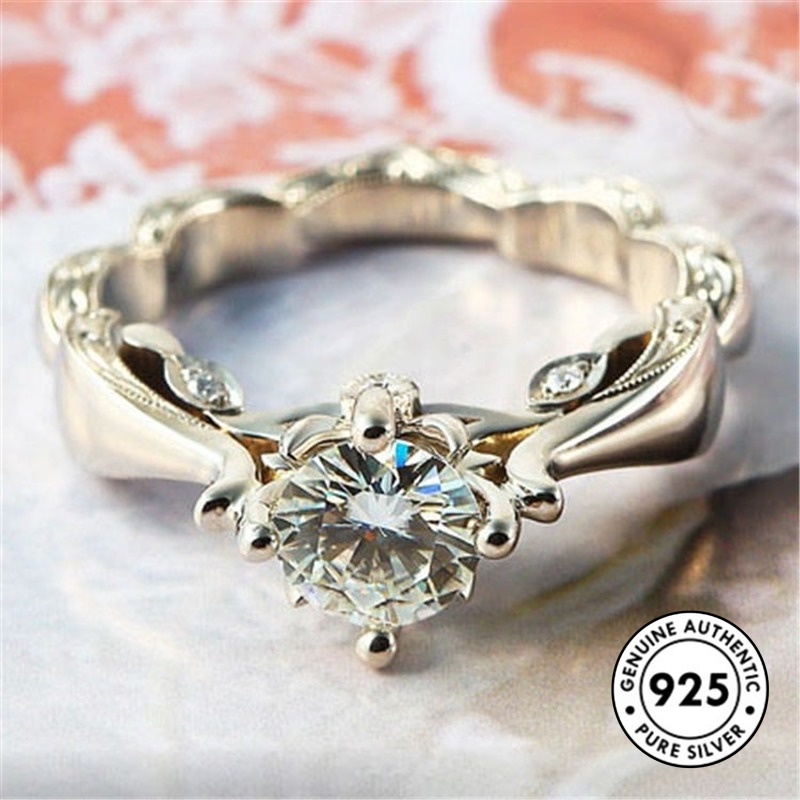 Cincin Sterling Silver 925 Elegan Dengan Ukiran + Berlian Untuk Wanita