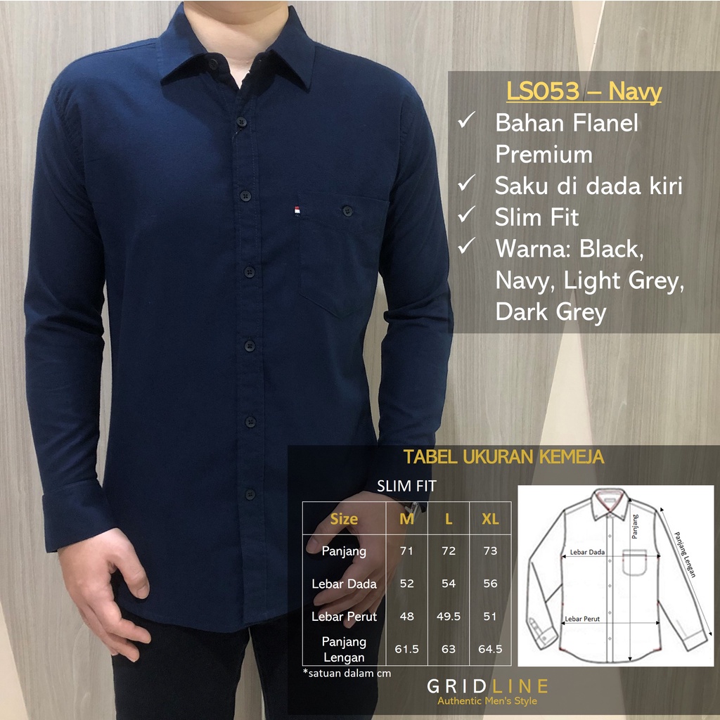 [GRIDLINE - LS053 Flanel Black, Navy, Light Grey, Dark Grey] Kemeja Flanel Polos Slimfit Pria Panjang Keren Premium Simpel Elegan
