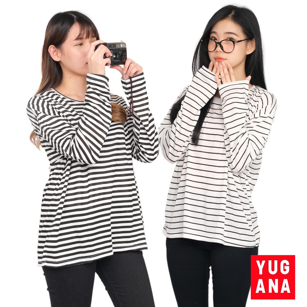 Baju Kaos Wanita Lengan Panjang Jumbo Murah Oversize Garis-garis