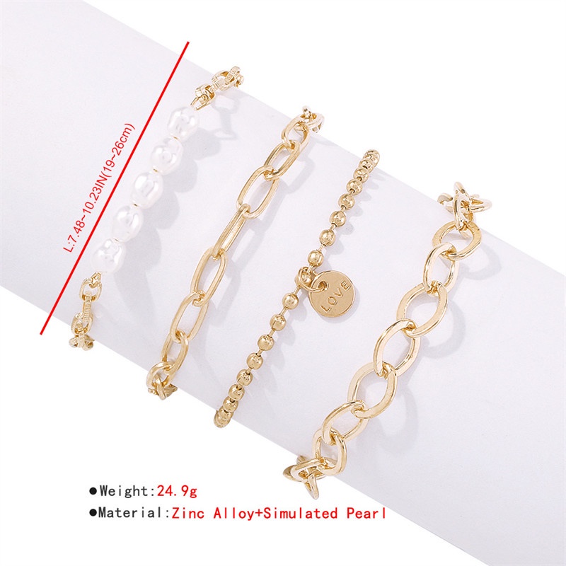 4pcs / Set Gelang Rantai Emas Multilayer Aksen Mutiara Untuk Wanita