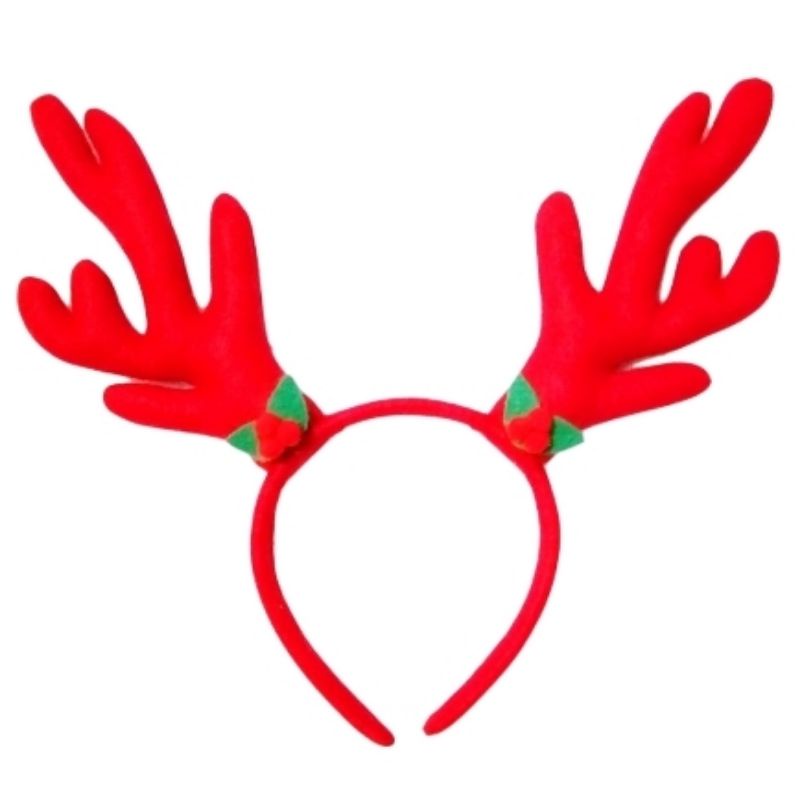 Bando Natal Dewasa Tanduk Rusa Merah Besar Pompom Raindeer Headband Handmade