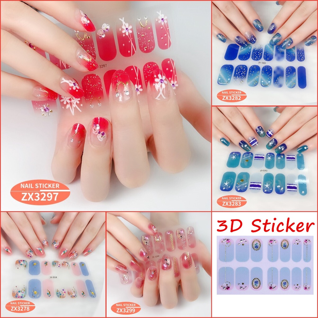 ZX 14Pcs/Set Stiker Kuku 3d Desain Bermotif High End Berlian Mutiara Permata Warna-Warni Untuk Tempel Tahan Air Tahan Lama Menicure Stickers Korea Self Adhesive Fashion Sticker kuku Full Aksesoris Dapat Kupas Mudah Digunakan Dan Dilepas Anti Air Nail Art