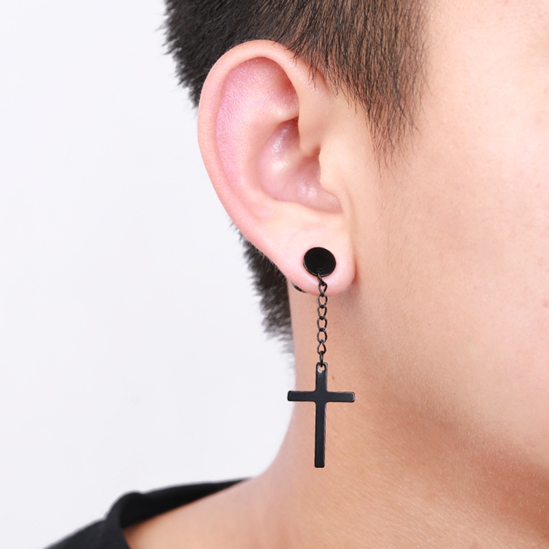 One Piece Korea Stainless Steel Cross Stud Anting-Anting Fashion Hitam Sendi Gaya Gothic Stud Anting-Anting Hip Hop Trendi Rantai Anting-Anting