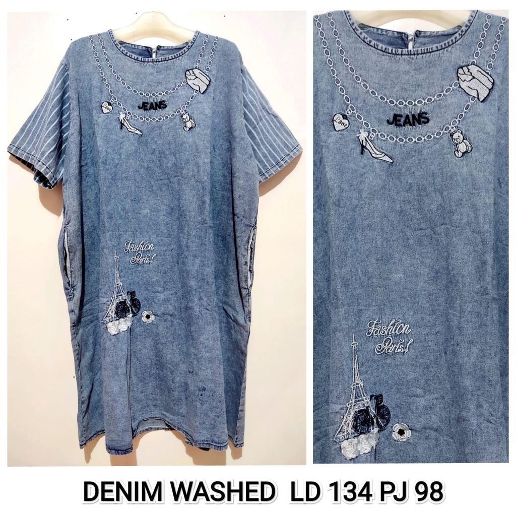 DRESS DENIM EIFFEL EMBROIDERY JUMBO SIZE 5L LD 134 BLUE COLOUR NON STRETCH / DRESS JEANS BORDIR BIG 