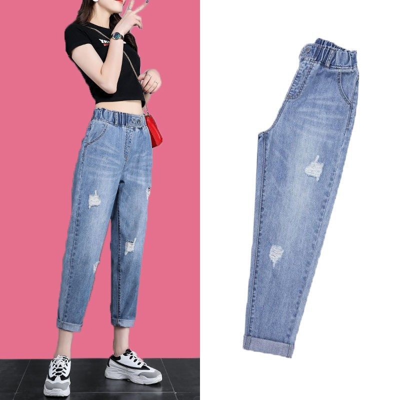 #Sisjuly# Wanita Pinggang Tinggi Celana Jeans Wanita Kesembilan Celana Longgar Celana Tua Musim Semi
