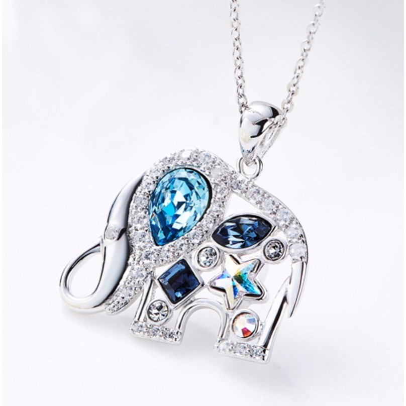 SEUSUK Good Luck Elephant Necklace Blue Stone Animal Pendant Statement Necklaces