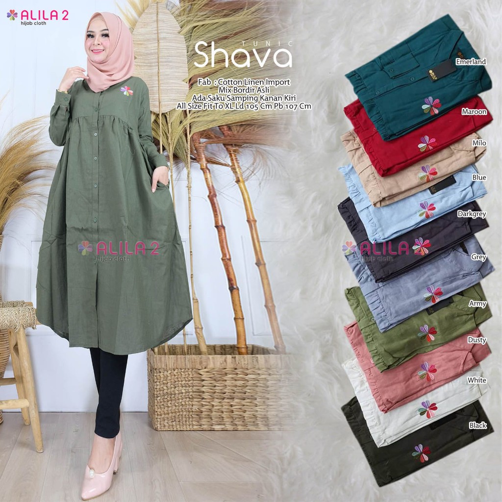 Fashion Muslim Shava Tunik by ALILA bluse wanita motif polos kancing depan lengan panjang