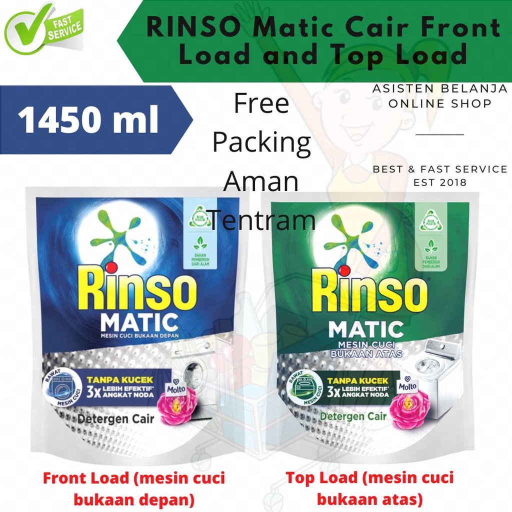 Rinso Matic Cair Front Load / Top Load +Molto Refil 1,45 Liter 1.45 L 1450 ml Deterjen Untuk Mesin Cuci Bukaan Depan / Bukaan Atas