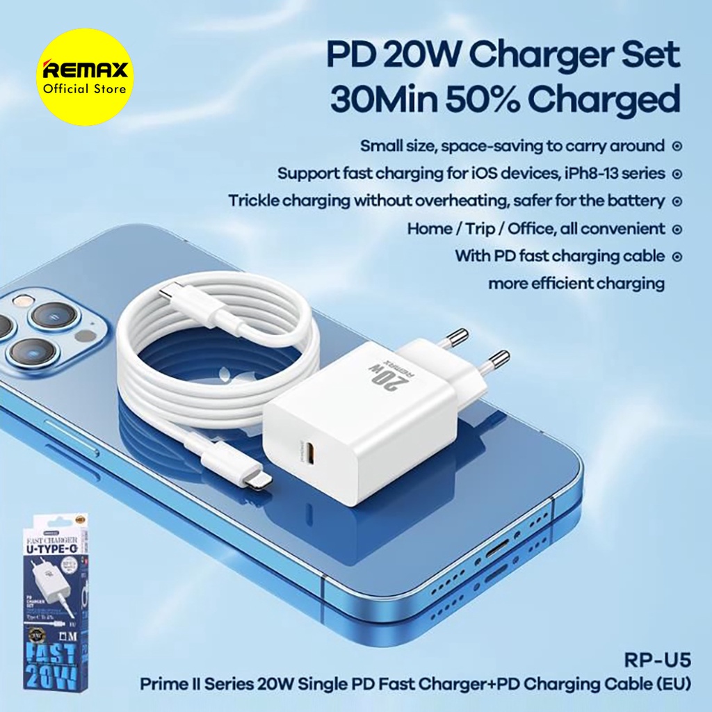 Remax Prime II RP-U5 Bundling Charger Adapter Fast Charging 20W + Kabel Data Type C to Lighting Original