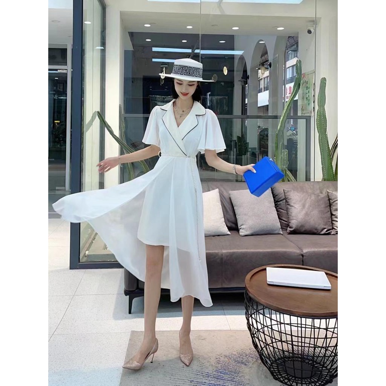 MIDI DRESS SEXY WANITA / COLLAR DRESS V-NECK COTTON MIX CHIFON