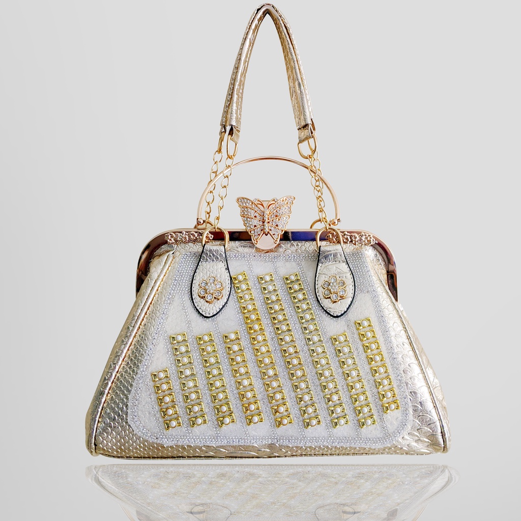 Tas Pesta Behel Mewah Kancing Plat KUPU-KUPU Motif Mutiara TP-902