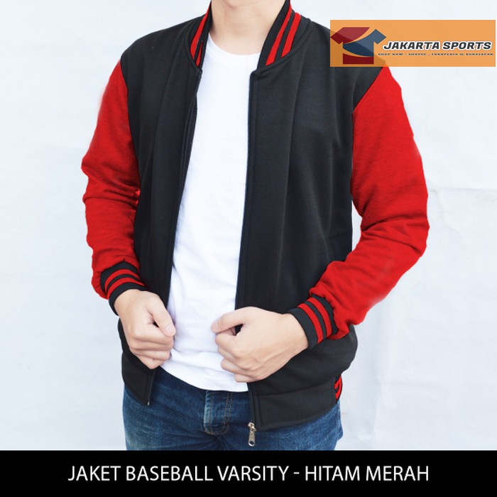 Jaket Korea Pria  / jaket bomber / jaket pria JAKET VARSITY ZIPPER HITAM LENGAN MERAH - BASEBA 86UWZ