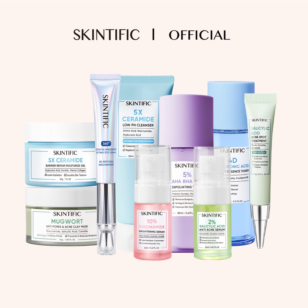 SKINTIFIC - 5X Ceramide Cleanser | Essence Toner | 10% Niacinamide Serum | 4D Hyaluronic Acid | Moisture Gel | Exfoliating Toner