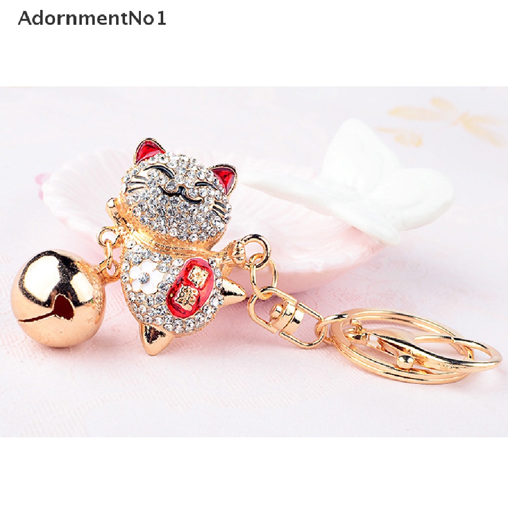 (AdornmentNo1) Gantungan Kunci Bentuk Kucing Keberuntungan Aksen Kristal + Berlian Imitasi Bahan Alloy