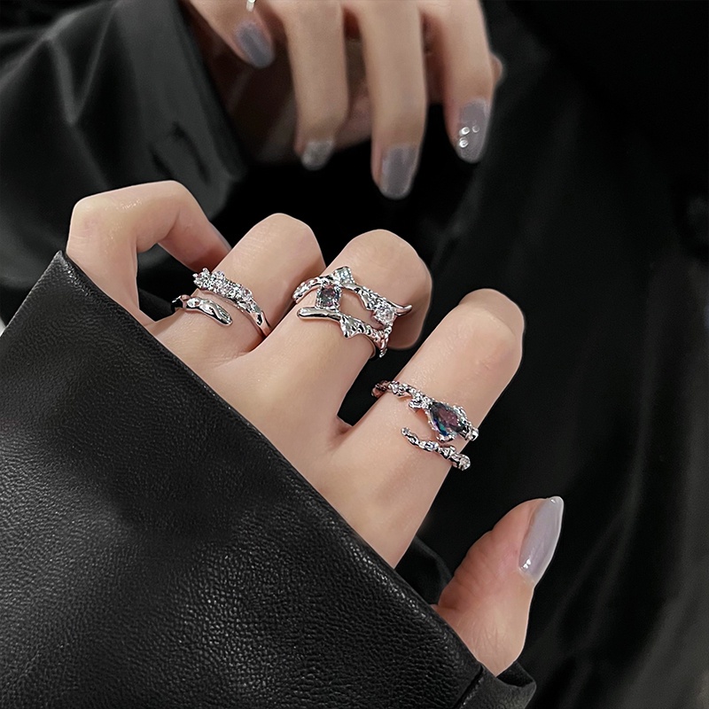 Set Cincin Model Terbuka Desain Cabang Aksen Kristal Warna-Warni Untuk Wanita