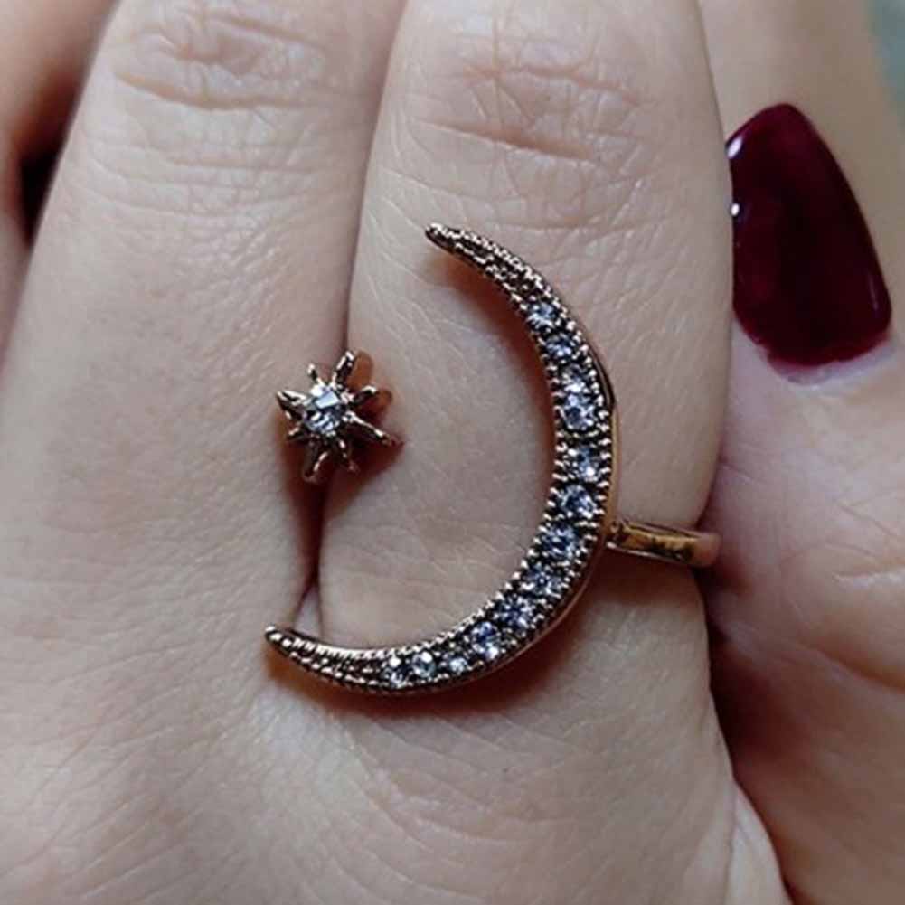Hu Hu Hu Hu Hu Alat Bantu Pasang Kacamata♡ Cincin Wanita Model Terbuka Desain Bulan Bintang Hias Berlian Imitasi Kreatif Untuk Pernikahanhadiah