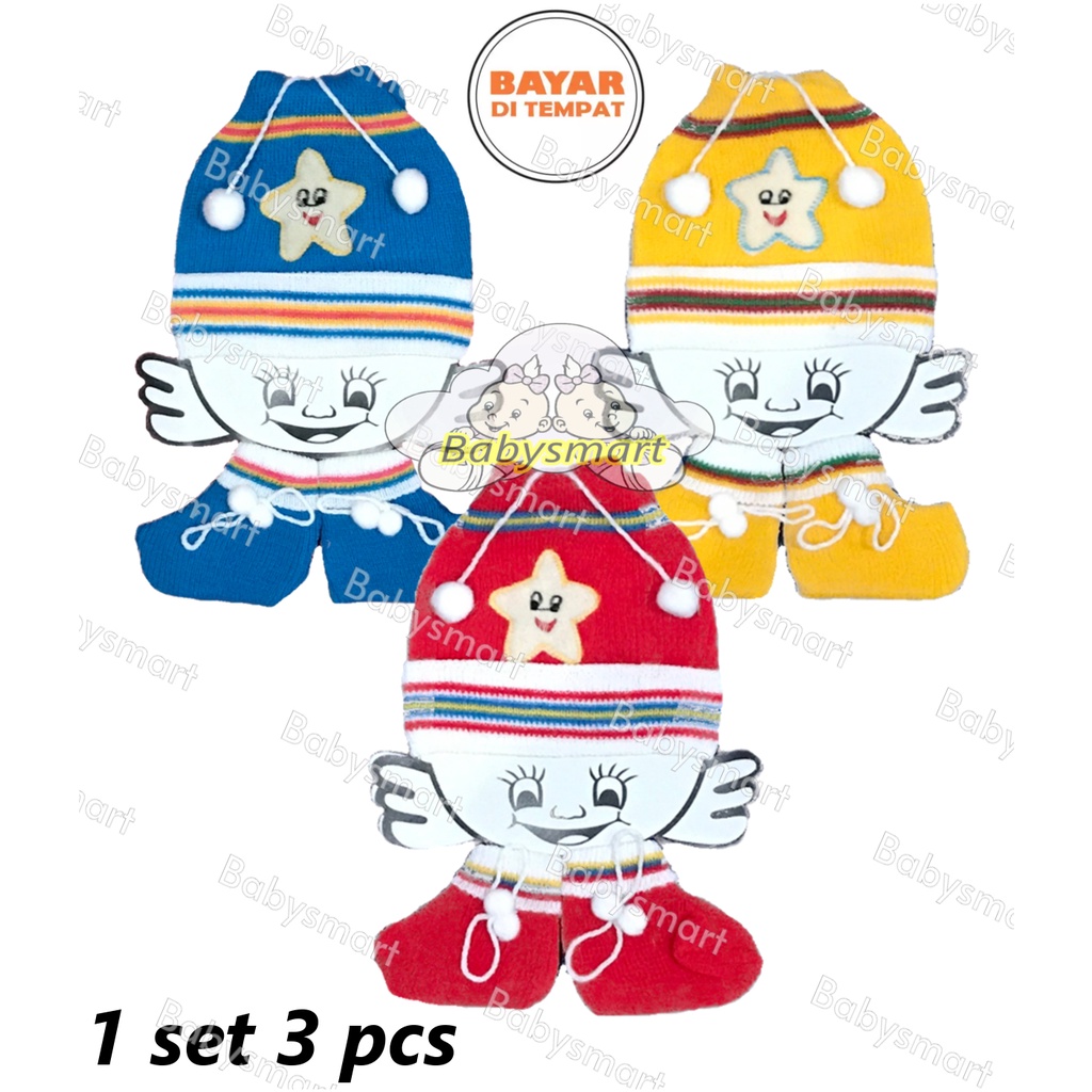 Babysmart - 3 PCS Set Topi Dan Kaos Kaki Bayi  Rajut / Siet New Born Hat &amp; Socks Baby