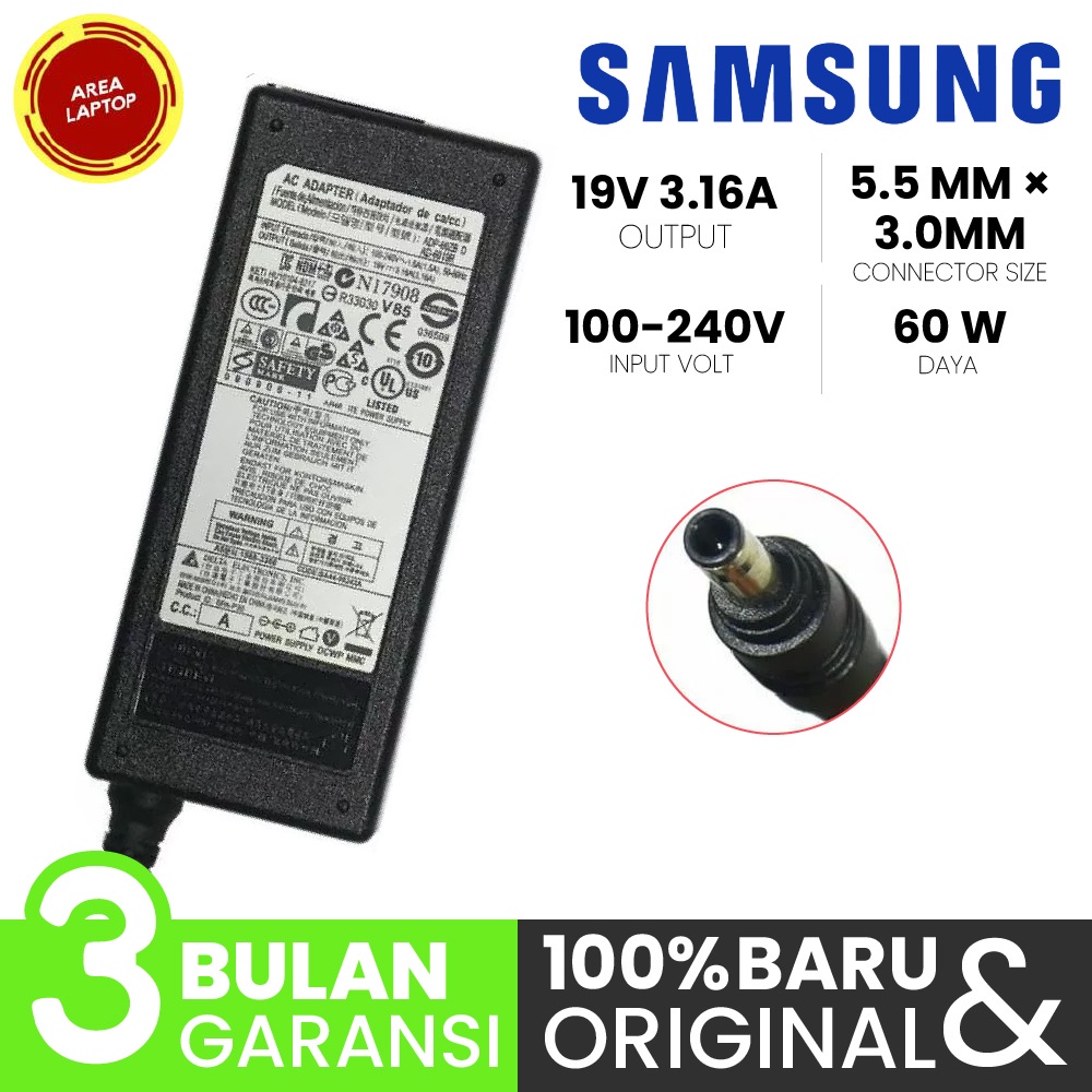 Adaptor charger Samsung laptop NP270 NP275 NP300 NP355 300E r428 305E 305V 19v 3.16a ORIGINAL