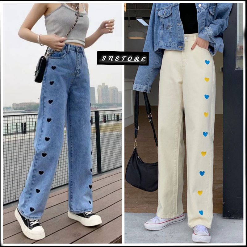 J18 Kulot Jeans wanita Loose HighWaist Kulot Love Boyfriend Jeans Celana Panjang Celana jeans wanita