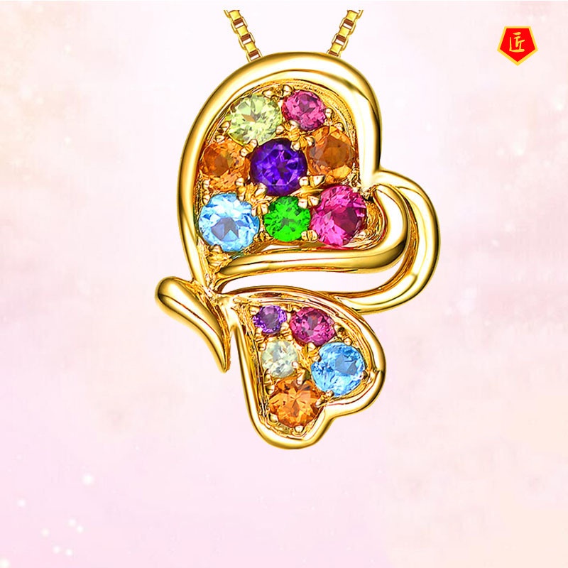 [Ready Stock]Colorful Gem Love Heart Pendant Gold Butterfly Necklace Fashion