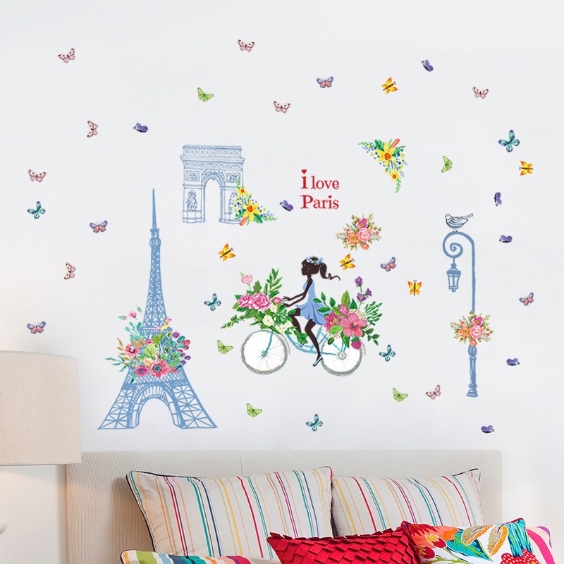 RELIZA Wall Sticker / Stiker Dinding 60X90 I LOVE PARIS EIFFEL BLUE GIRL SK9164
