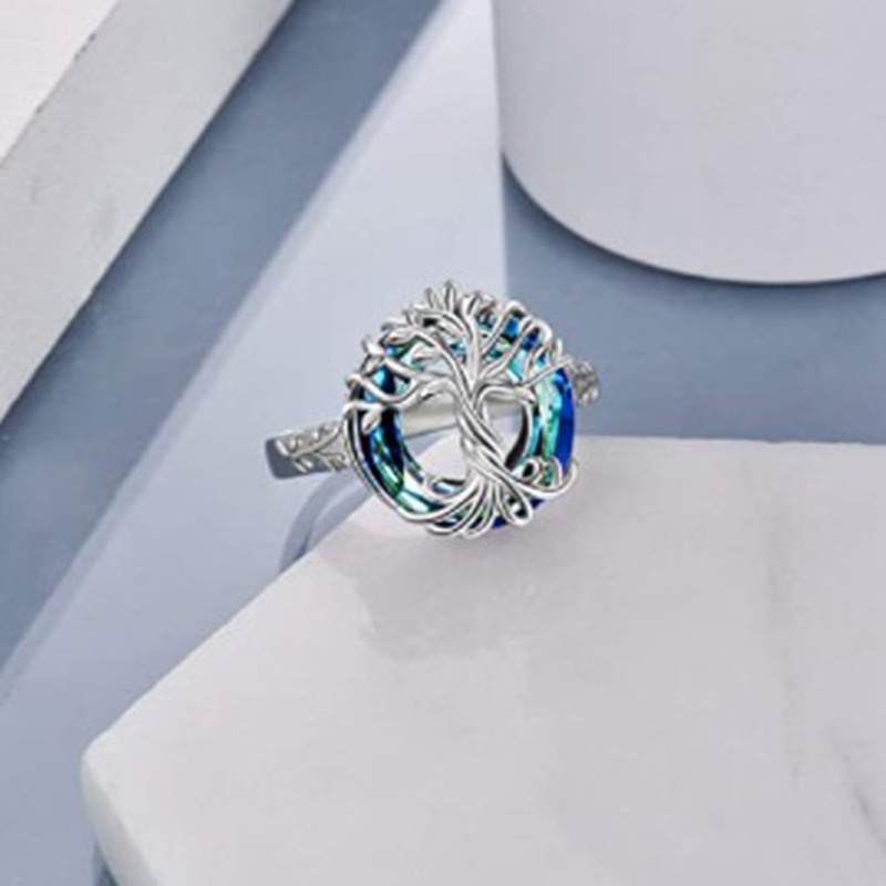 Fancyqube Cincin S925 Sterling Silver Desain Pohon Kehidupan Aksen Kristal Biru Untuk Wanita