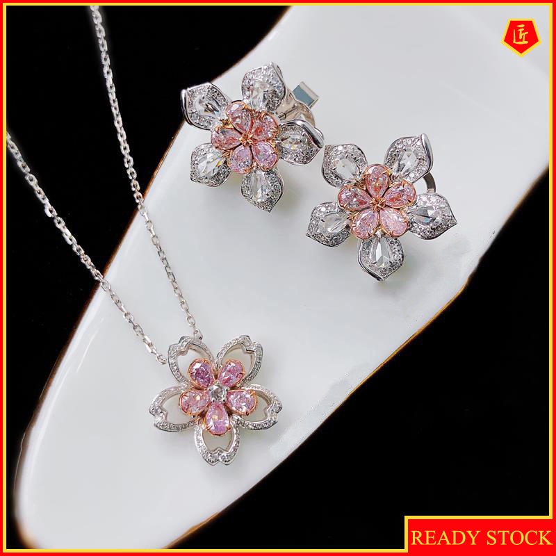 [Ready Stock]Cherry Blossom Pink Diamond Set Open Rings Ear Studs Necklace