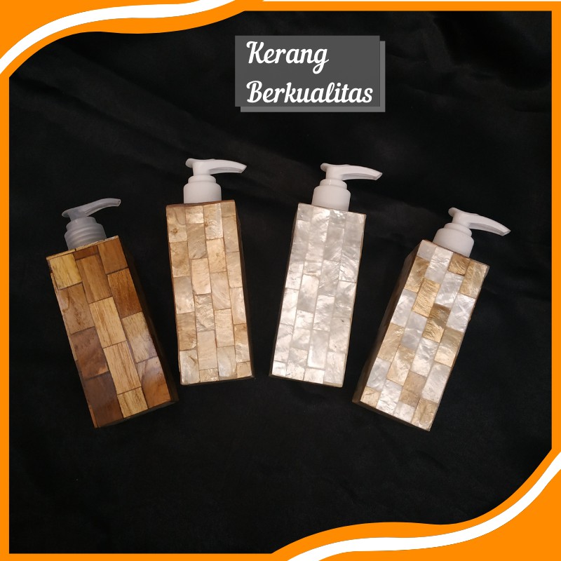 Dispenser Soap Kerang Capiz Kecil Tempat Sabun Cair Lapis Kayu Jati Wadah Sabun Lapis Kerang