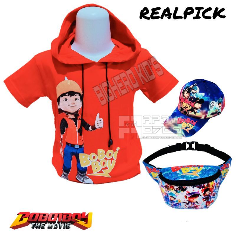 Paket 3in1 kaos Hoodie anak Boboiboy + tas waistbag dan topi anak Boboiboy