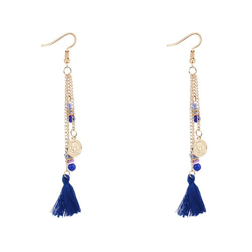 LRC Anting Gantung Bohemia Sapphire Coin Shape Decorated Tassel Earrings