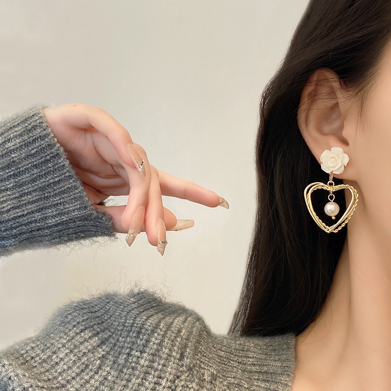 Shuling S925 silver needle Women Earrings Retro Flower Heart-shaped Pearl Earrings Fashion Drop Earrings