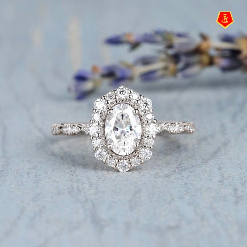 [Ready Stock]Elegant Moissanite Oval Micro Inlaid with Diamond Ring