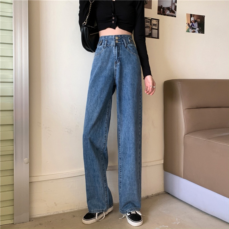 double kancing korean style pants celana lebar kasual/double kancing pants celana lebar kasual/Jeans Wanita Kekinian Celana High Waist