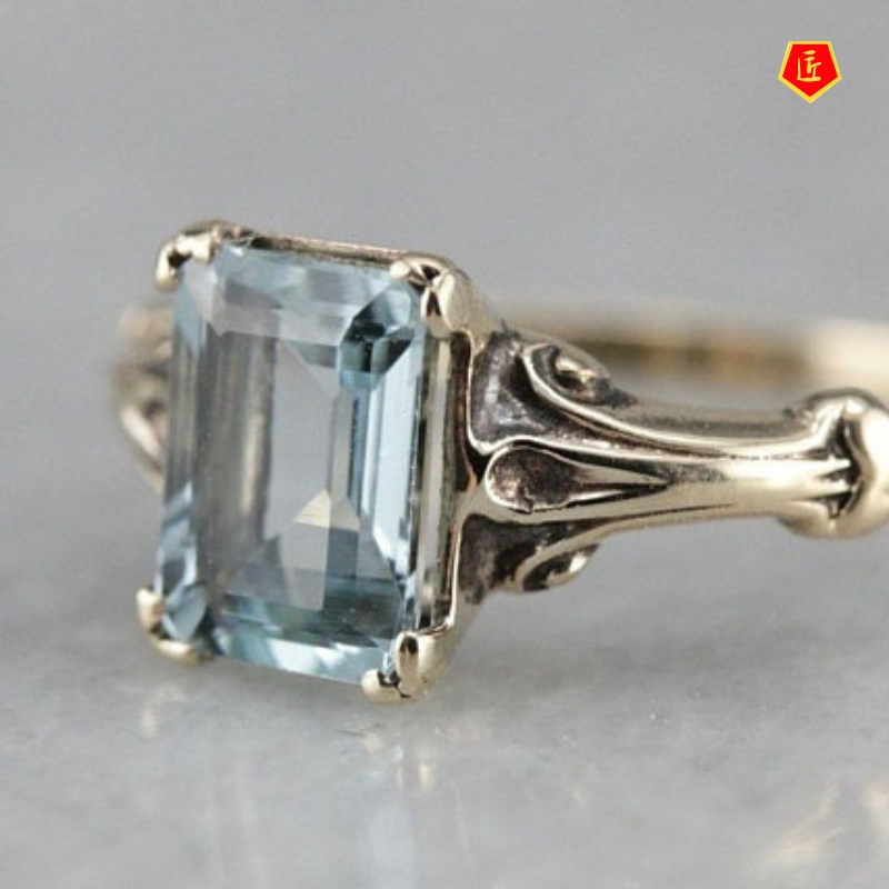 [Ready Stock]Women's Retro Classic Heart-Shaped Sea Blue Topaz 14K Gold Ring