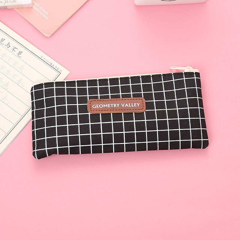 OVERFLOWS.ID Pencil Case Karakter Tempat Pensil Geometri Tepak Kotak Kotak Murah-Hitam Grid