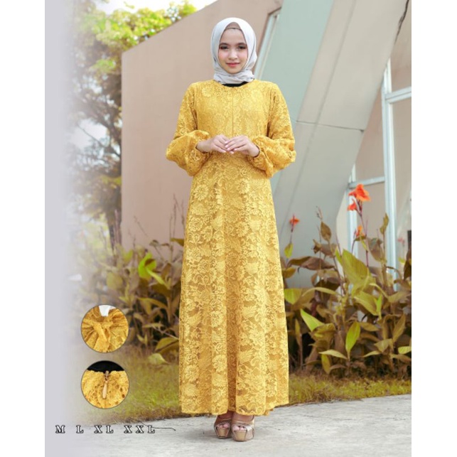 gamis brokat tangan balon / gamis ful brokat tule / gamis brokat terbaru / gamis pesta brokat