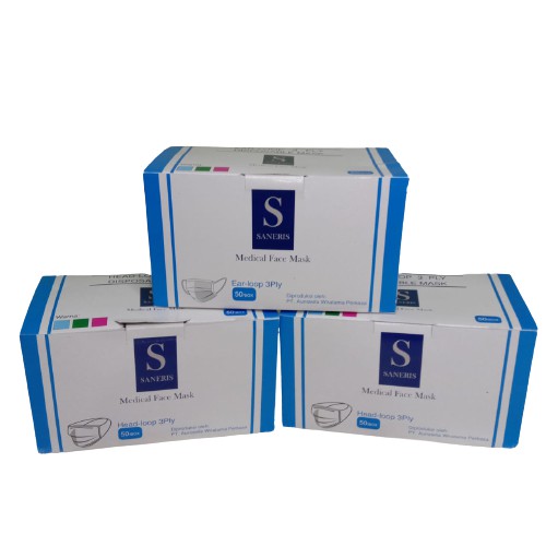 MASKER MEDIS SANERIS 3PLY EARLOOP HEADLOOP 1 BOX ISI 50 LEMBAR SANERIS