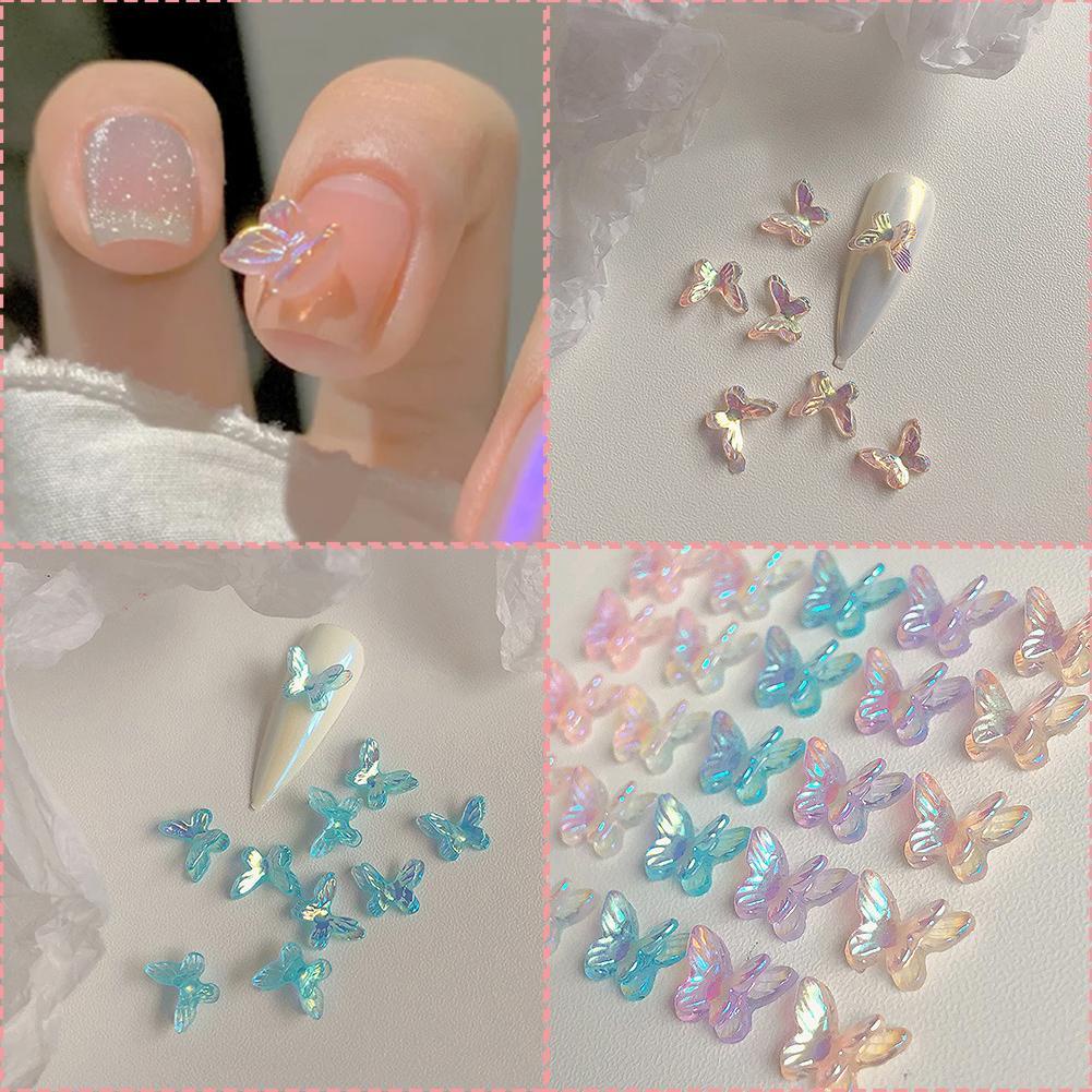 10pcs Stiker Kupu-Kupu 3D Aurora Glitter Dua Lapis Warna-Warni Untuk Dekorasi Nail Art