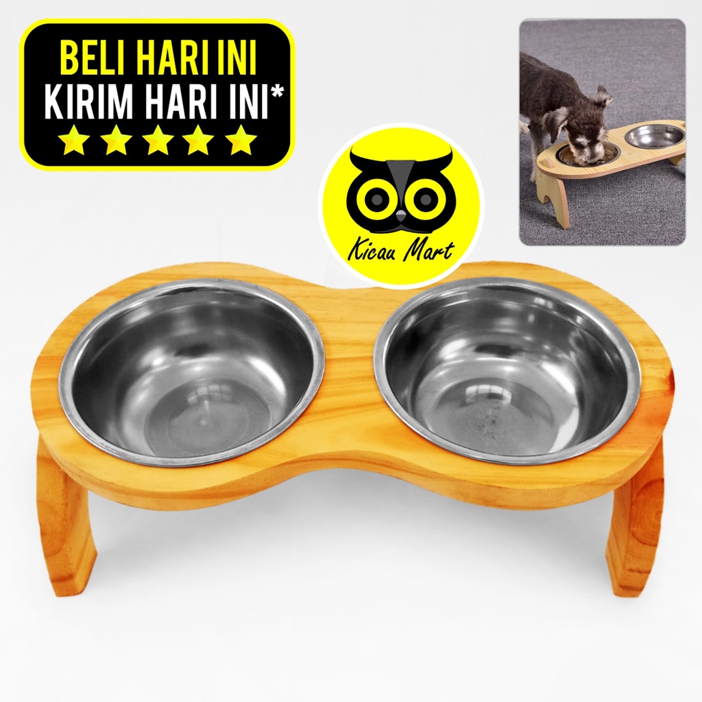 Tempat Makan Kucing Anjing Double Pet Bowl Rak Kayu Double Mangkok Wadah Pakan Minum Anabul Wood Stand Pet Dining Table Double Bowl Neck Protection Stainless Cat Puppy Food Bowl