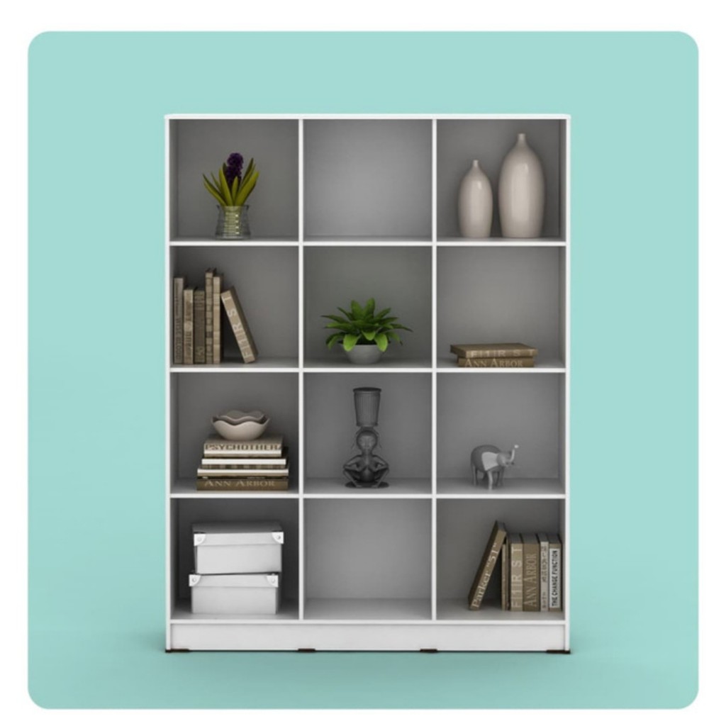Lemari rak buku pajangan terbuka 12 kotak putih minimalis BANDUNG