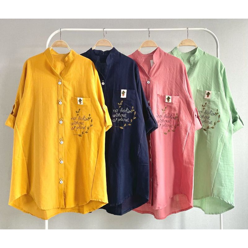 Tunik Kemeja Katun Linen Import Kerah Shanghai Bordir LuBaNa#6483-2
