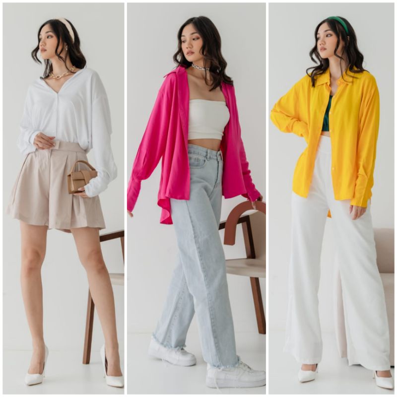 ⚡️CLEARANCE SALE ♡ PREMIUM ♡ ORIGINAL ! CONNIE OVERSIZE BIG SIZE LONG SLEEVE PLAIN BUTTON ASYMMETRIC SHIRT / ATASAN KEMEJA LENGAN PANJANG POLOS JUMBO ADEM ( BUSUI FRIENDLY )