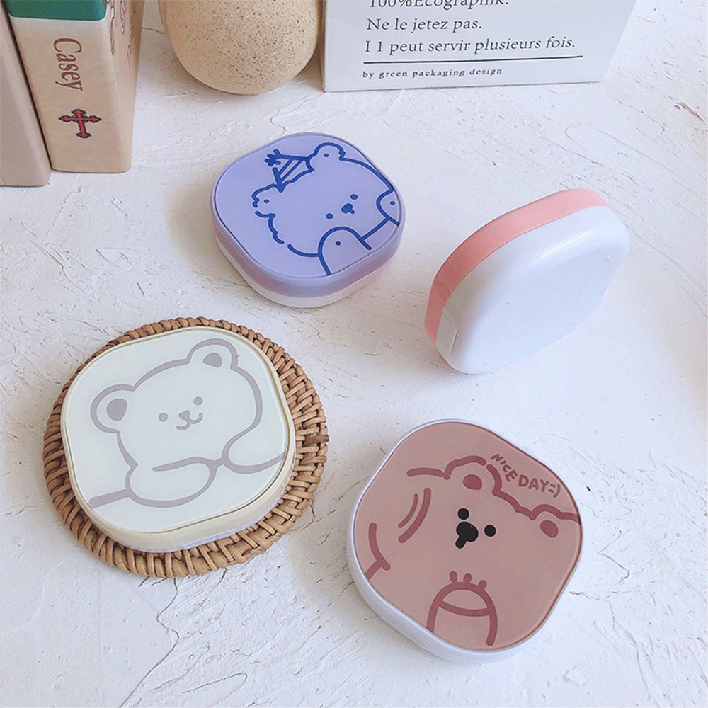 ROW Glasses Accessories Contact Lens Box Portable Storage Container Contact Lens Case Travel Cute Easy Carry Bear Cartoon with Mirror/Multicolor